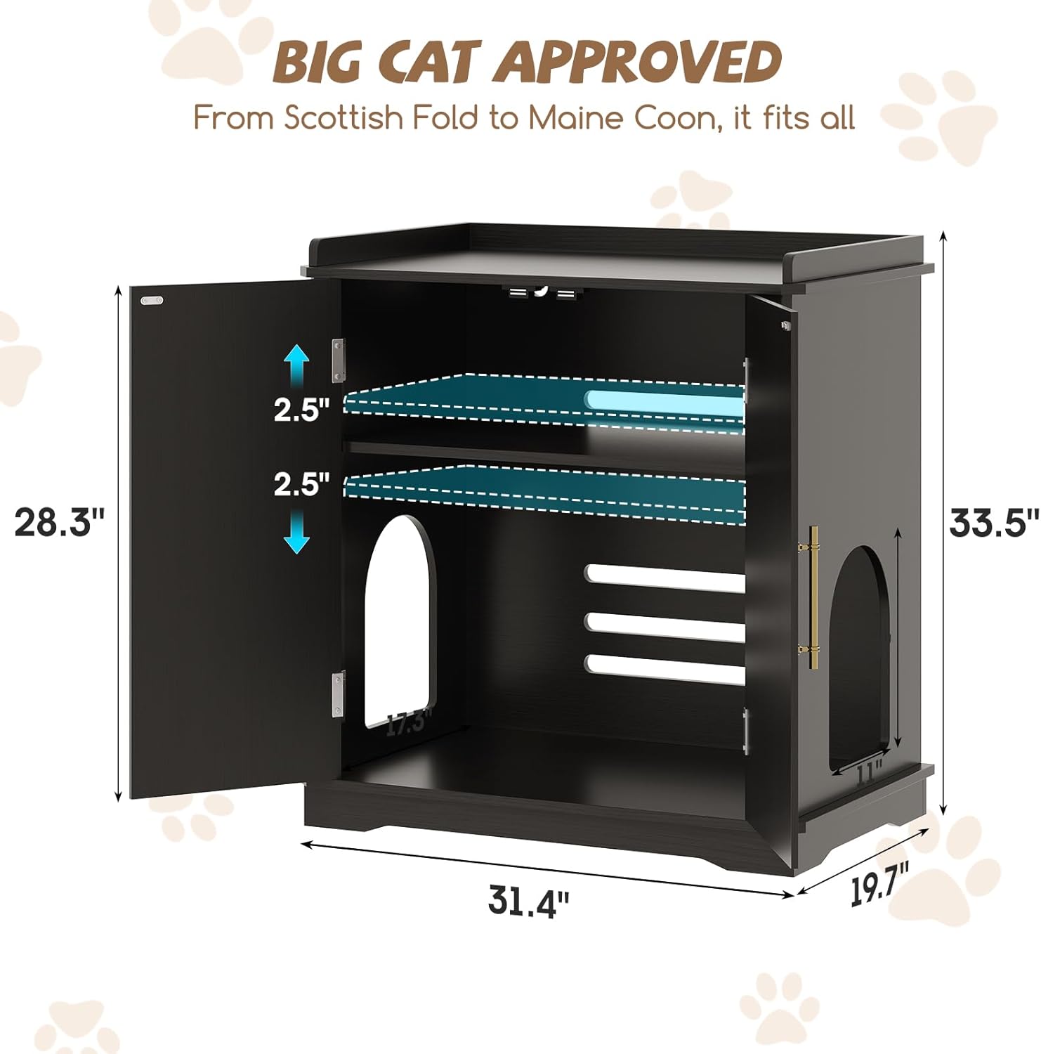 VEANERWOOD 33.5"H Hidden Cat Litter Box Enclosure Furniture Multi-Functional Cat Litter Box Washroom with Removable Dividers for Bedrooms, Living Room, Hallway