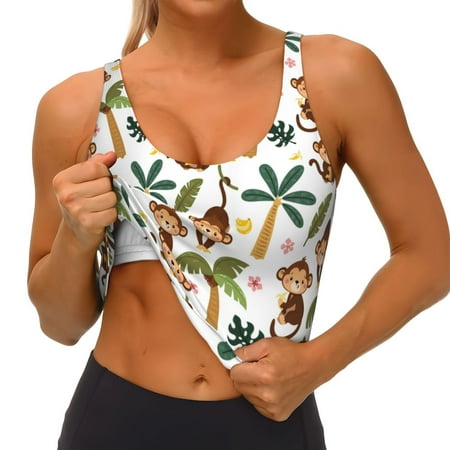 Qokaie Monkeys Swinging from Palms Pattern Womens Scoop Neck Sports Bra Breathable Workout Vest Padded U Back Medium Impact Fitness Gym Yoga Bra Workout Crop Top