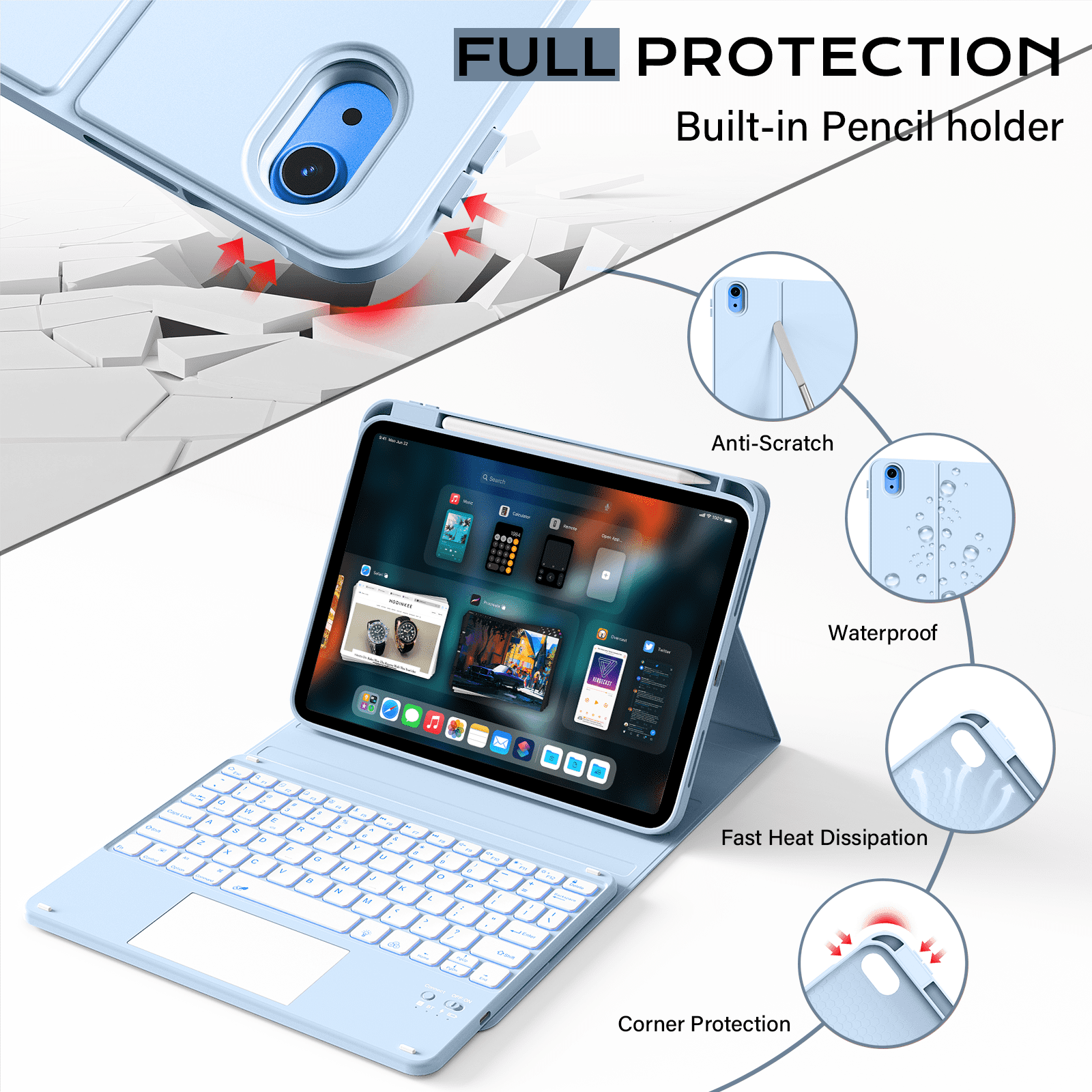 Kenke Keyboard Case Compatible for iPad (A16) 11/10th Generation 11/10.9 inch 2025/2020, Folio Cover with Pencil Holder, Multi-Touch Trackpad, 7 Color Backlit, Detachable Bluetooth Keyboard, Blue