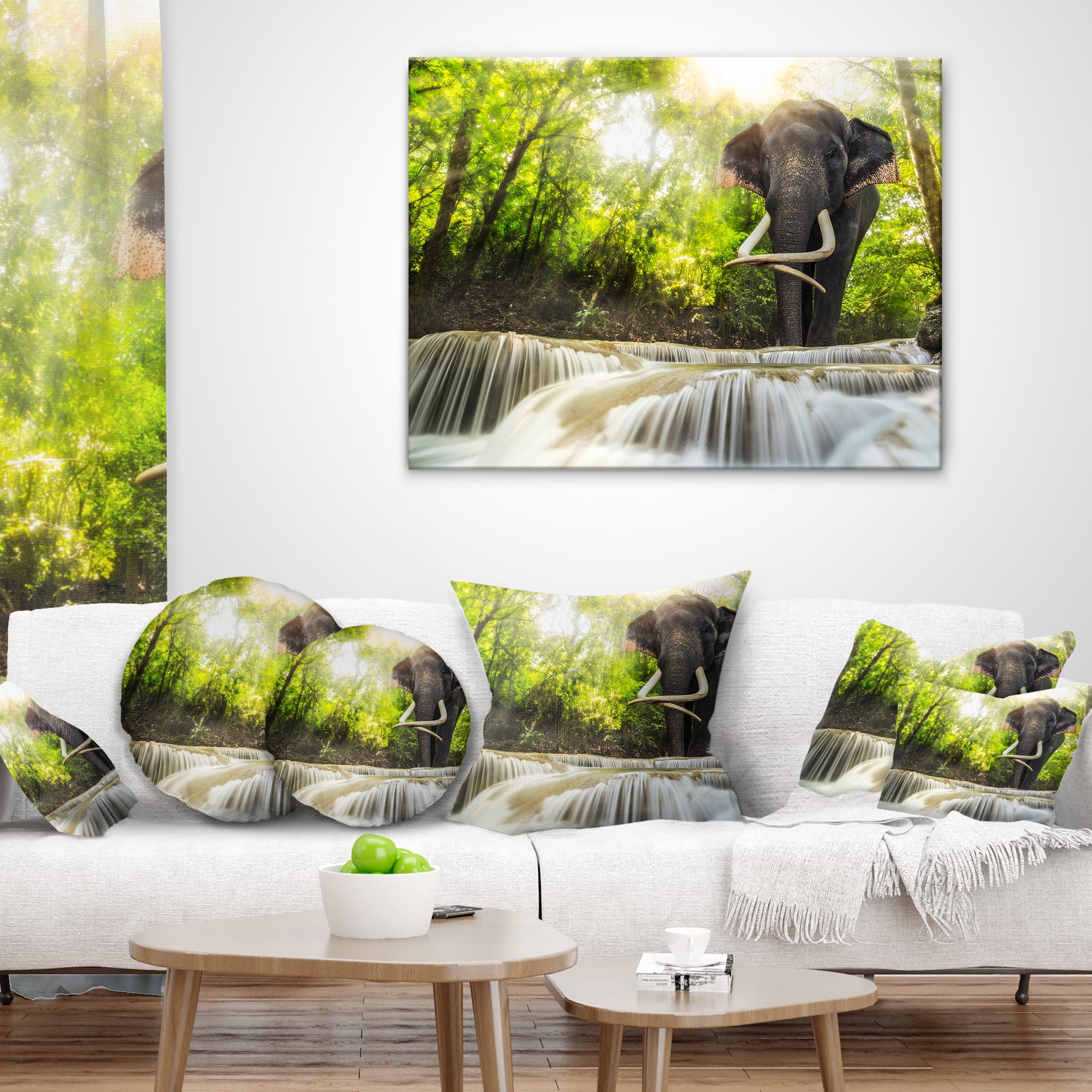 Designart Erawan Waterfall with Elephant - Photography Throw Pillow - 16x16