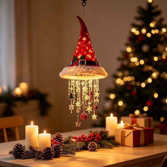 Hanging Santa Hat Chandelier Warm LED Lights Christmas Decor,Festive Styles For Porch, Patio, Party, Holiday Ceiling Decor, Indoor Outdoor Use(A)