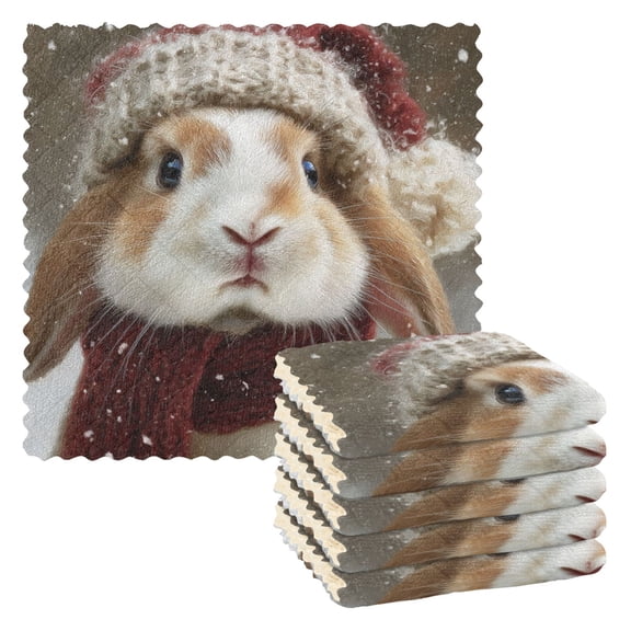 6 Pieces of Kitchen Towels 11x11Inch Kitchen Dish Cloths Kitchen Dish Towels Reuseable Cleaning Cloths Cute Christmas Rabbit