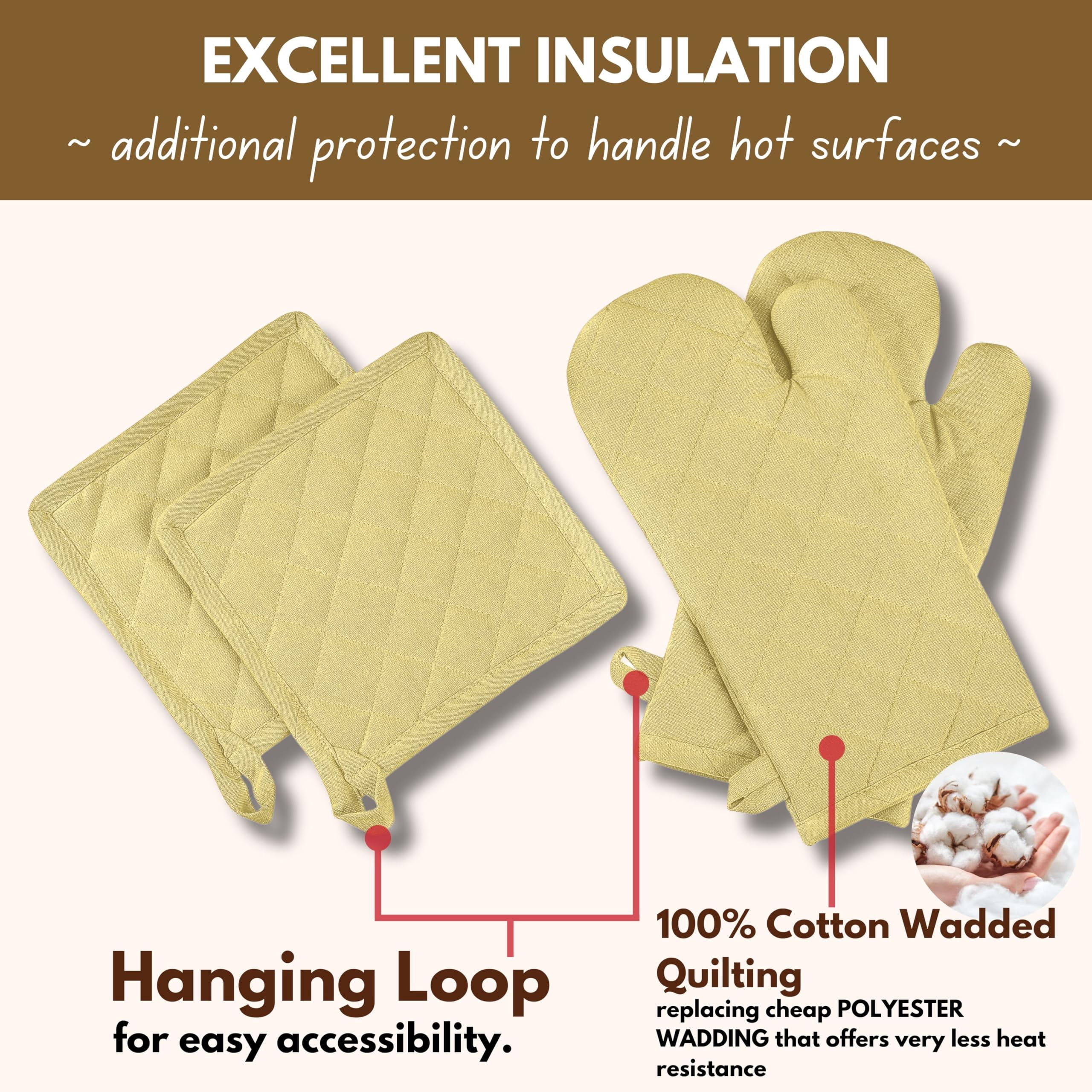 Native Fab Oven Mitts & Potholders Set, Heat Resistant, 100% Cotton, Quilted Design, Non-Slip Grip, Ideal for Baking, Cooking, BBQ, Kitchen Protection - Pale Yellow