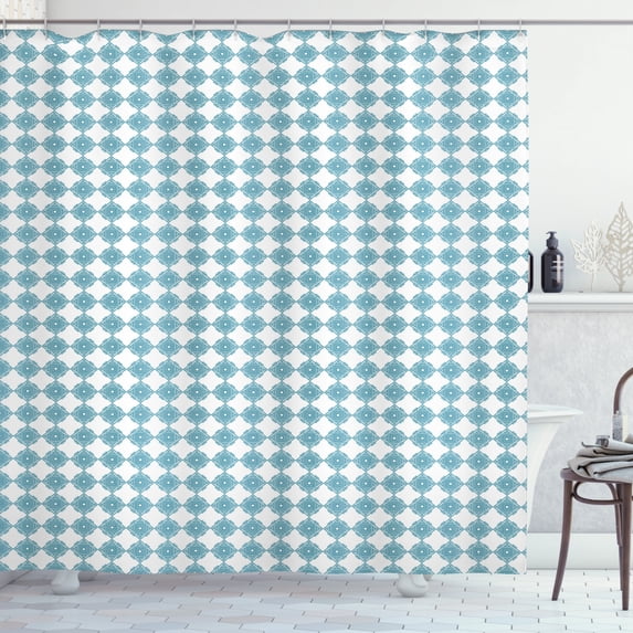 Geometric Shower Curtain, Ornamental Interlacing Squares Art Deco Inspired Pattern Relaxing Design, Fabric Bathroom Set with Hooks, 69W X 84L Inches Extra Long, Pale Blue and White, by Ambesonne