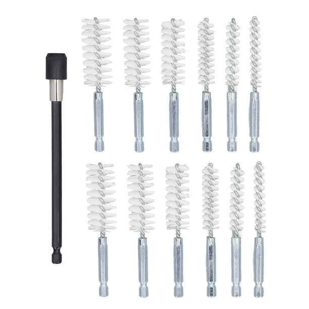 Juego de 13 cepillos para taladro de 8 mm, 10 mm, 12 mm, 15 mm, 17 mm y 19 mm de diámetro, con vástago de 1/4 pulg. y varilla de extensión de 15 cm de nailon (blanco)