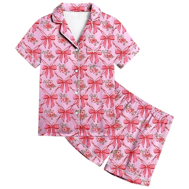 Ensemble de Pyjama en Satin pour Filles Confortable Deux Pièces avec Col Classique et Shorts Doux