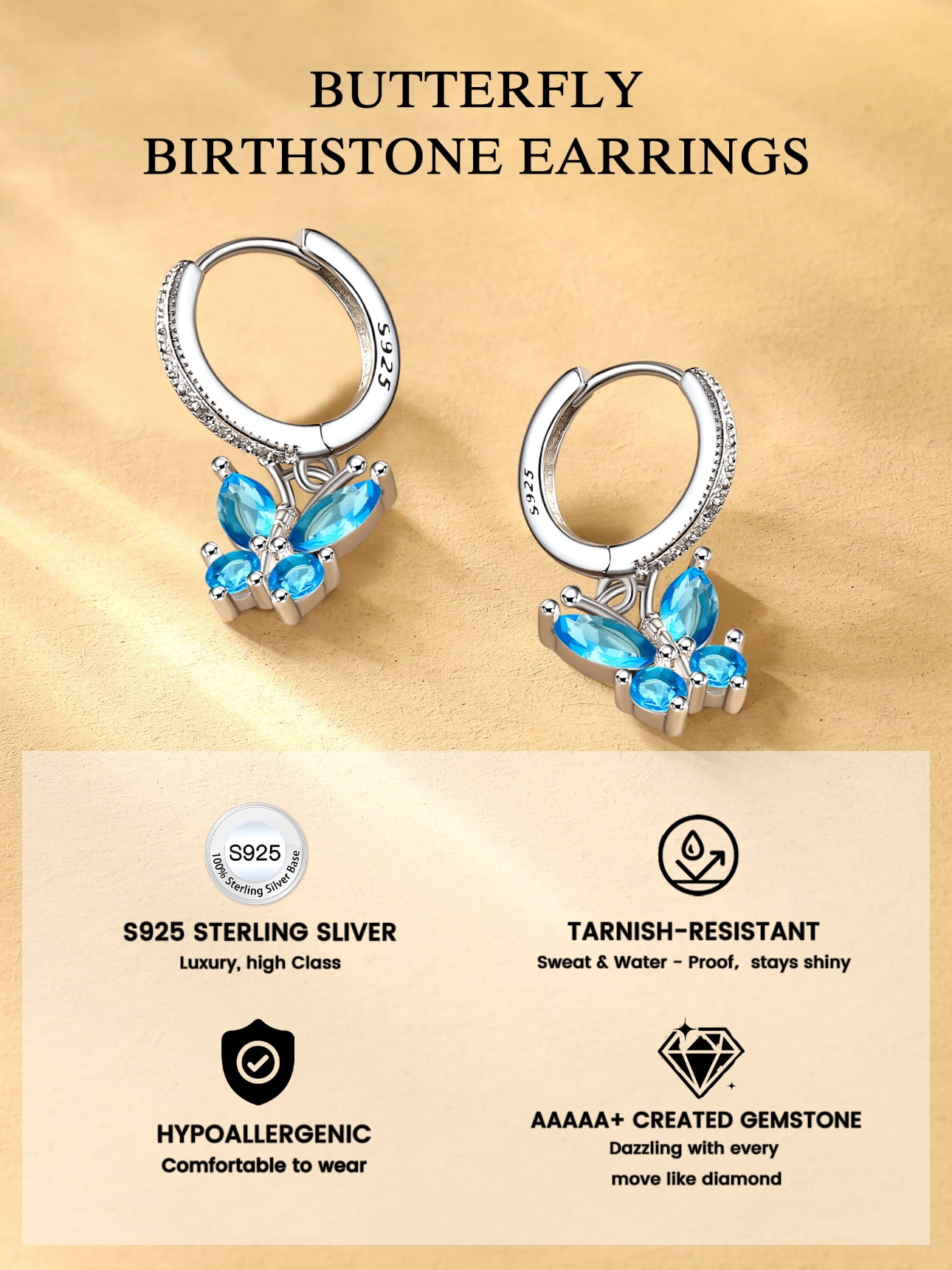 Bestyle Women Pure 925 Sterling Silver Hoop Earrings Synthetic Topaz Butterfly Birthstone Earrings for Sensitive Ear Christmas Birthday Gifts