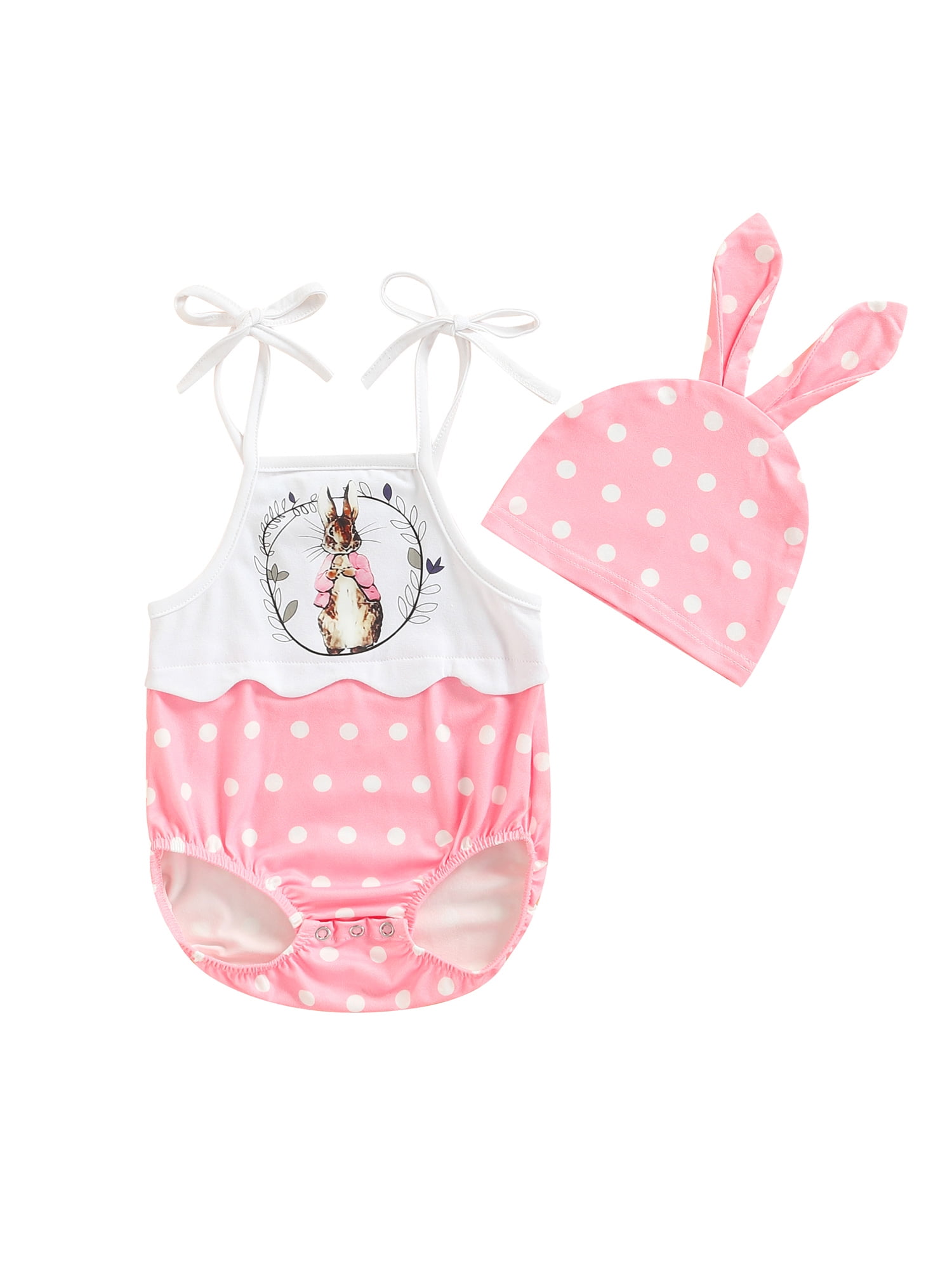 Easter 1ST Rabbit Bunny White Girl Bodysuit Pink White Dot Baby Dress NB-18Month 