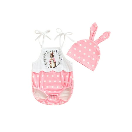 

Suanret Infants Baby Girls Summer Easter Outfit Sets Sleeveless Bunny Print Patchwork Sling Romper + Dot Print Hat Pink 9-12 Months