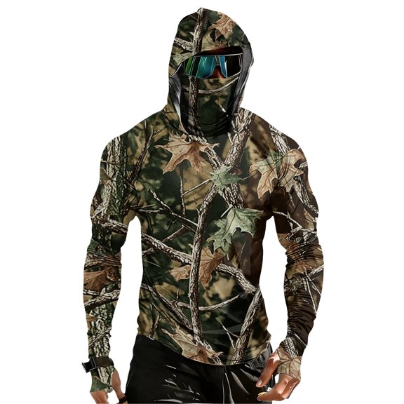 Sun Hoodies for Men Raglan Colorblock Camo Sunshirts with Mask, Quick Dry UPF 50 Lightweight Uv Protection Long Sleeve Fishing Shirt Army Green L