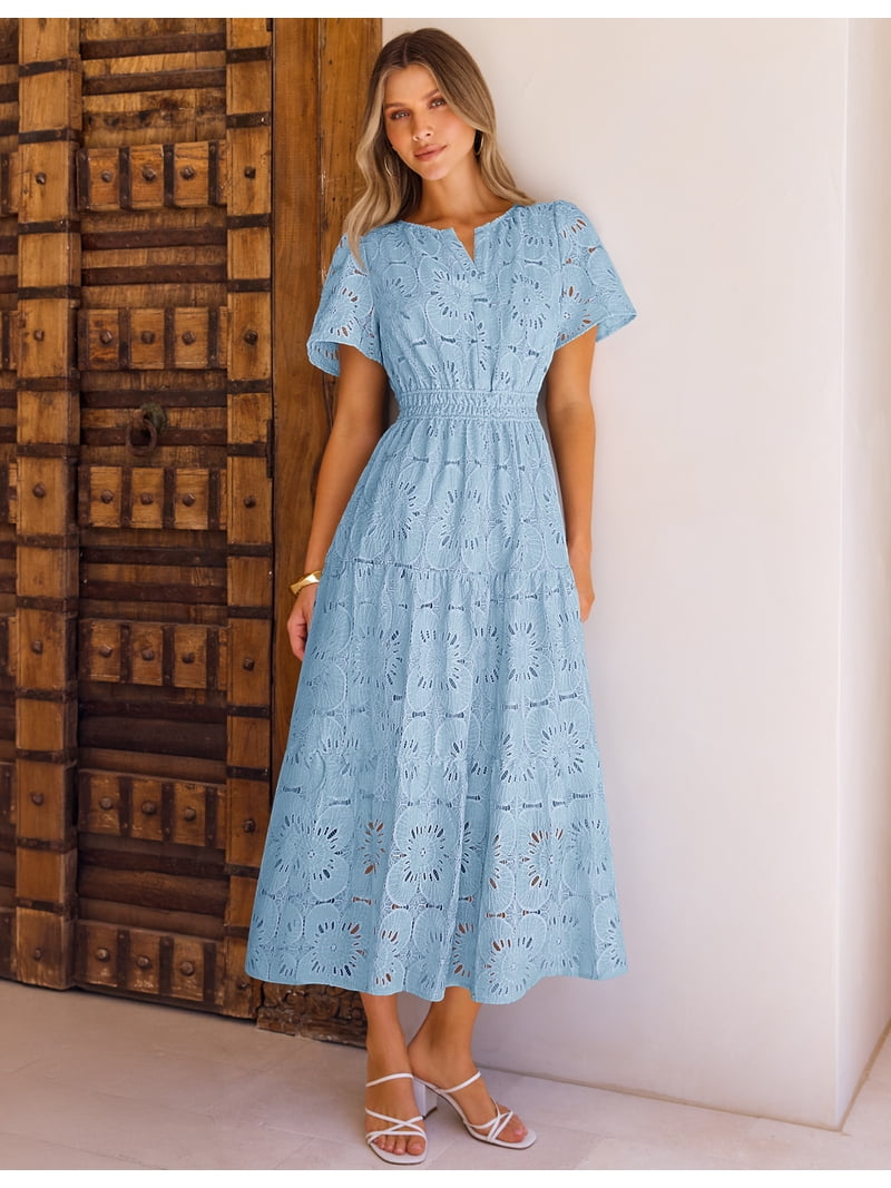 blue lace boho dress Merokeety Womens Summer Dresses Floral Eyelet Tiered Flowy Maxi White m Size:XS(S) The Madeline Lace Dress white long sleeve formal Web Collection: Pastels