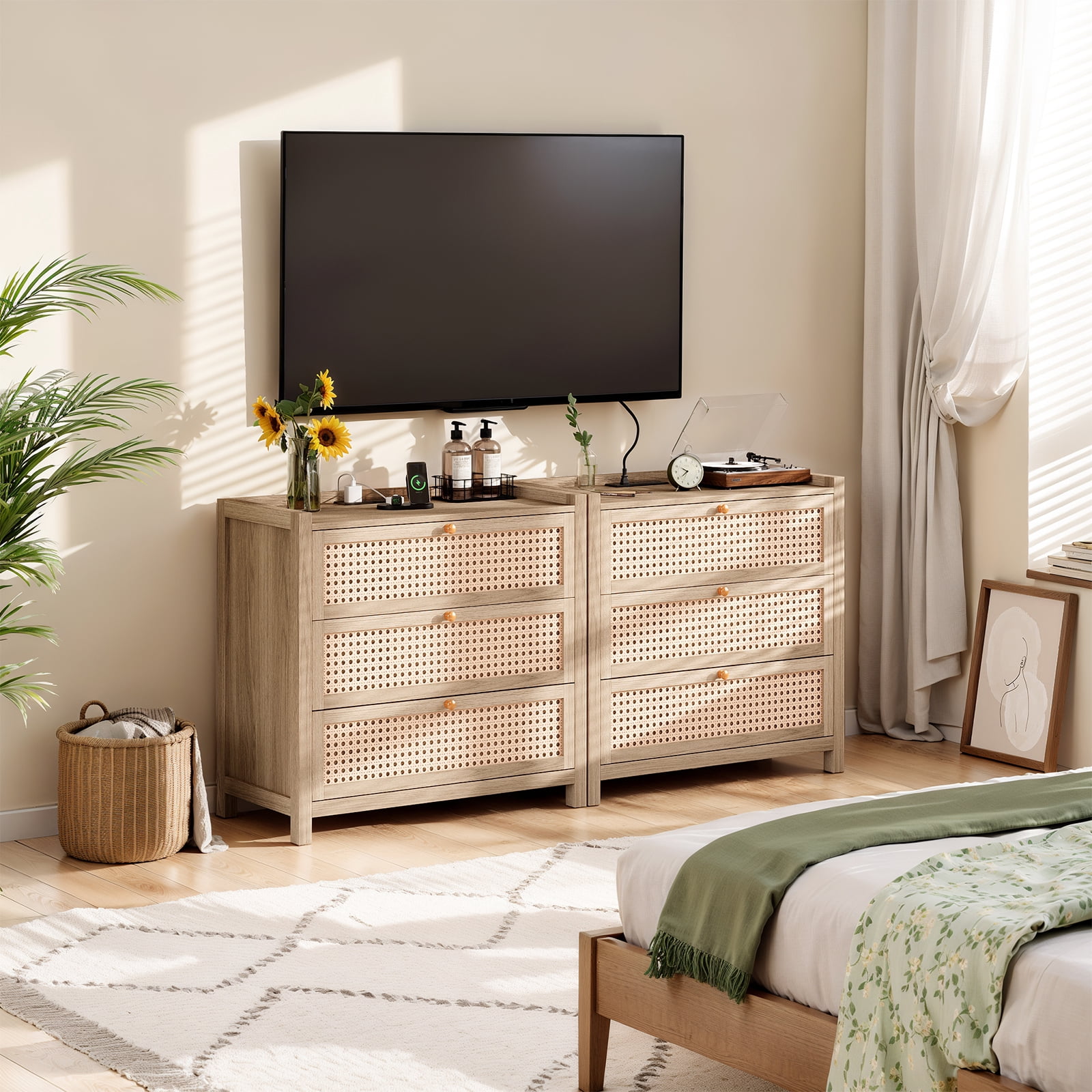 LGHM 29.5"W Nightstand Set of 2 with 3 Drawers & Charging Station, Dresser for Bedroom, Farmhouse Rattan Bedside Table Night Stands, Boho Side Tables, Oak