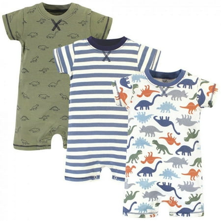 Touched by Nature Baby Boy Organic Cotton Rompers 3pk, Bold Dinosaurs, 0-3 Months