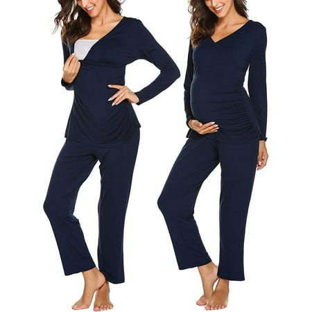 

Women s Maternity Nursing Pajama Set Breastfeeding Sleepwear Set Double Layer Short Sleeve Top & Pants Pregnancy PJS