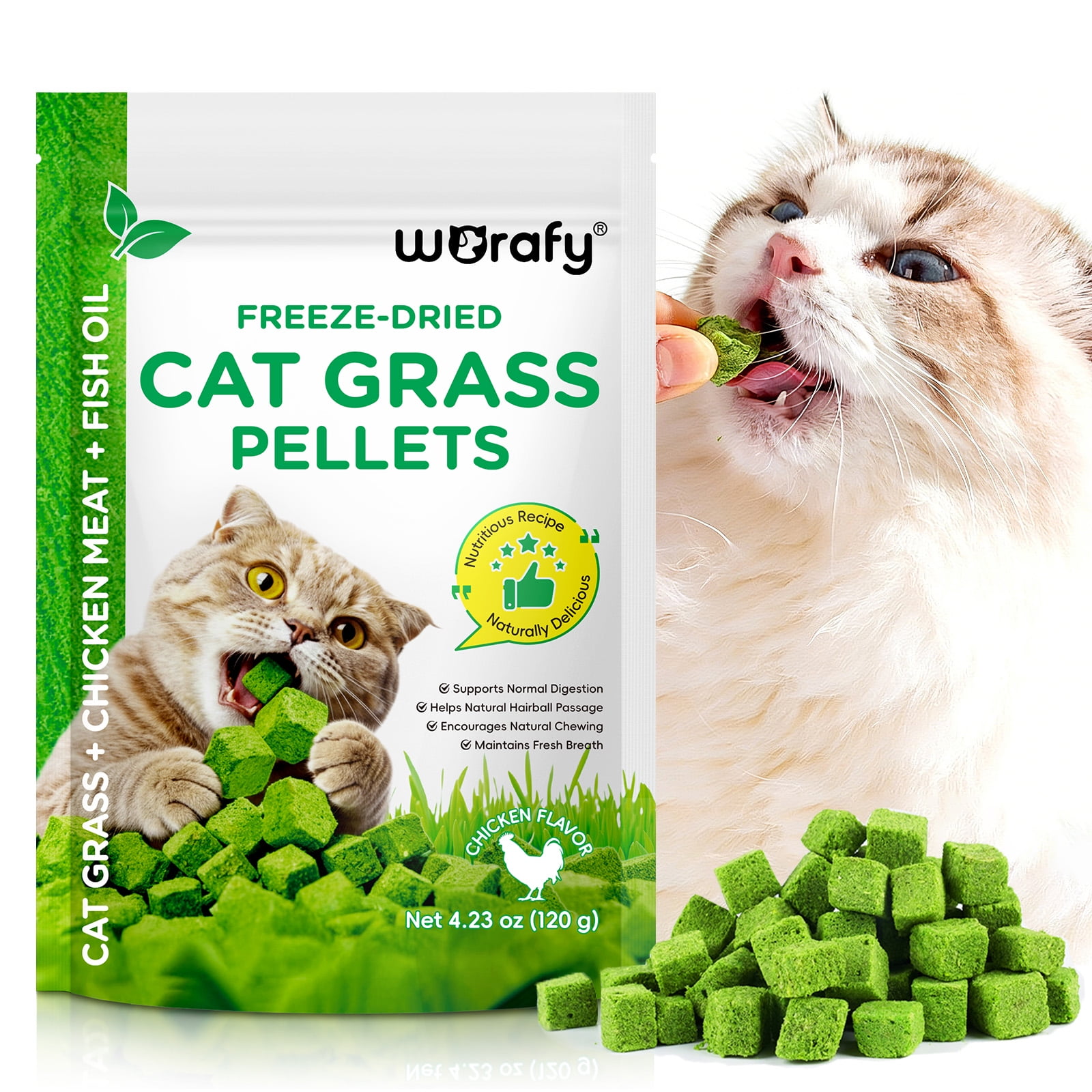 Worafy Freeze-Dried Cat Grass Pellets for Cats, Natural Hairball Control, Digestive Support & Dental Care Cat Grass Treats 4.23 oz