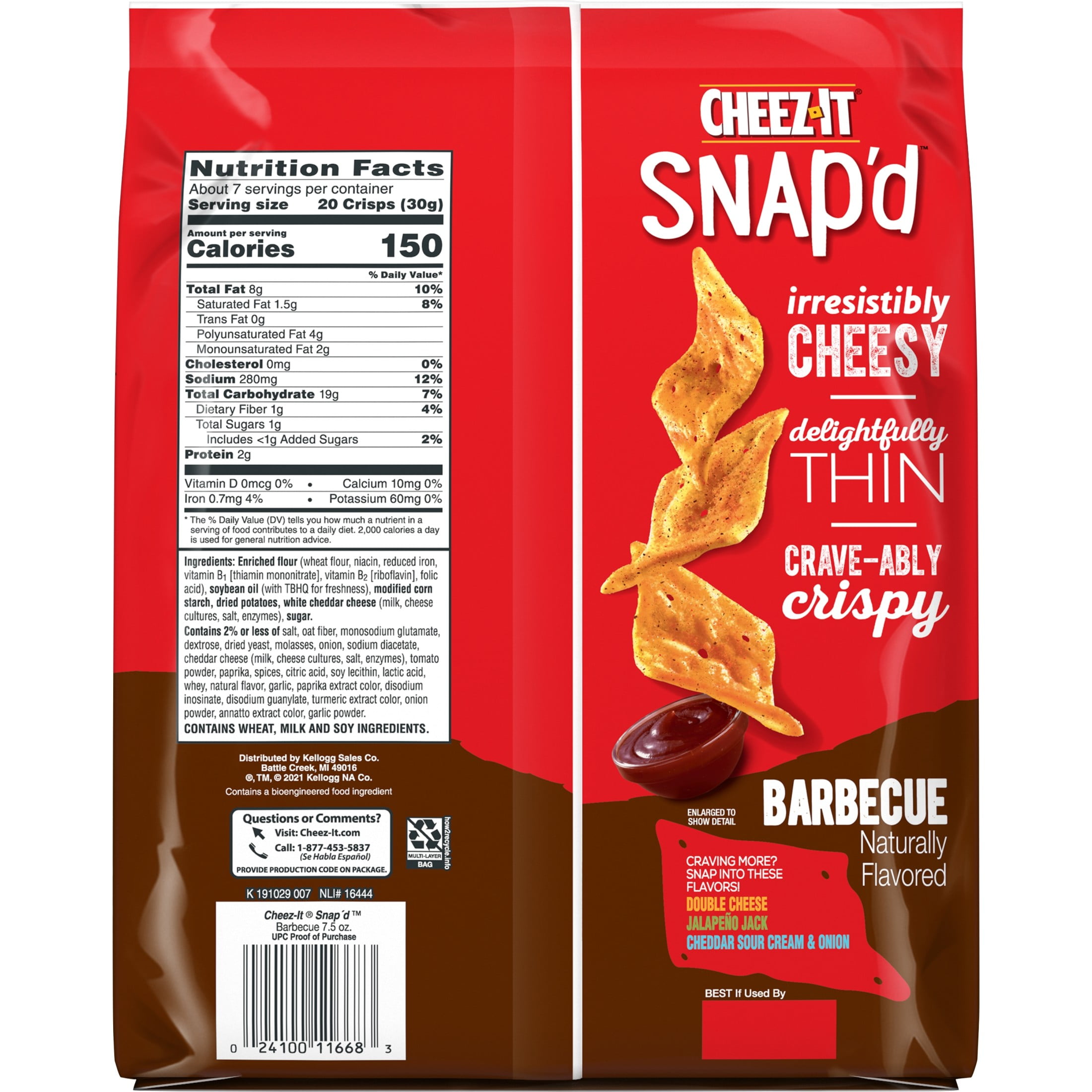 Cheez-It Snap'd BBQ Cheese Cracker Chips, Thin Crisps, 7.5 oz