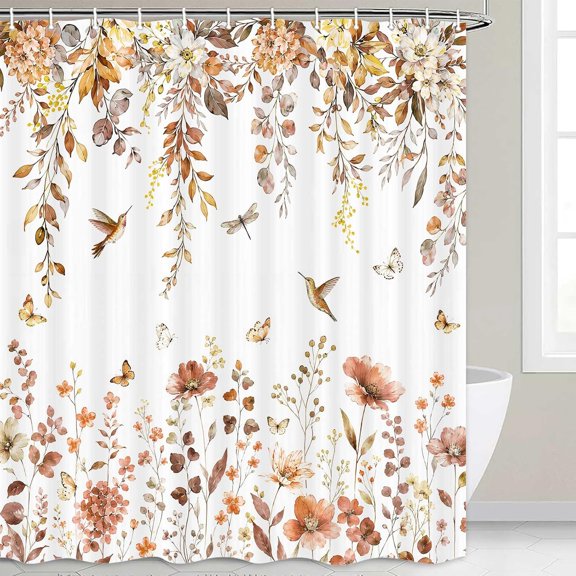 Watercolor Floral Shower Curtain with Hummingbird and Butterflies Boho Botanical Bathroom Decor Fabric 71x71 inches