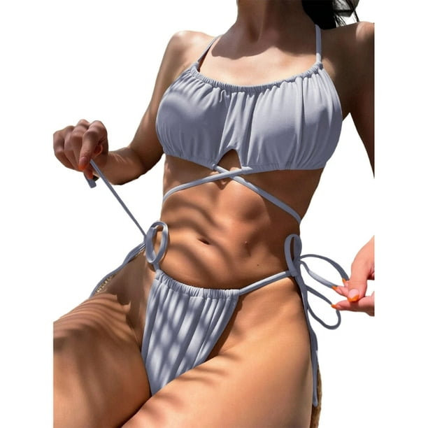 E8BF-Conjunto de bikini de corte alto para mujer, traje de baño de dos piezas con bolsa suave, traje de baño Sexy con cordones, ropa de playa con Tanga, traje de baño de tiras de Color sólido