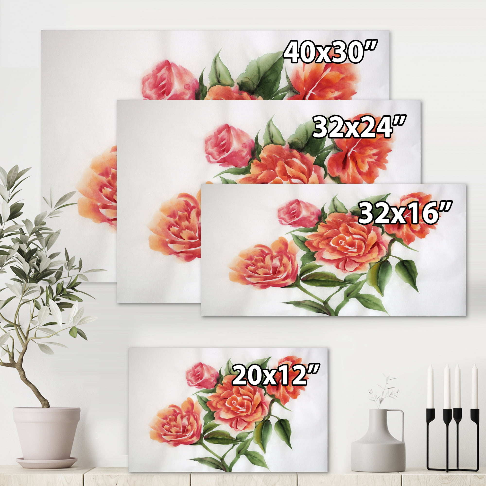 Designart ' Orange VIntage Roses With Green Leaves ' Traditional Canvas Wall Art Print