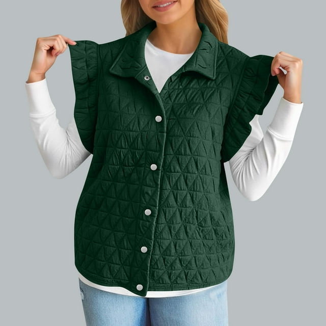 Mevxay Gilet Matelassé à Volants pour Femmes, Doudoune Sans Manches à Boutons, Veste Matelassée Tendance Automne Hiver à Revers, Vert m