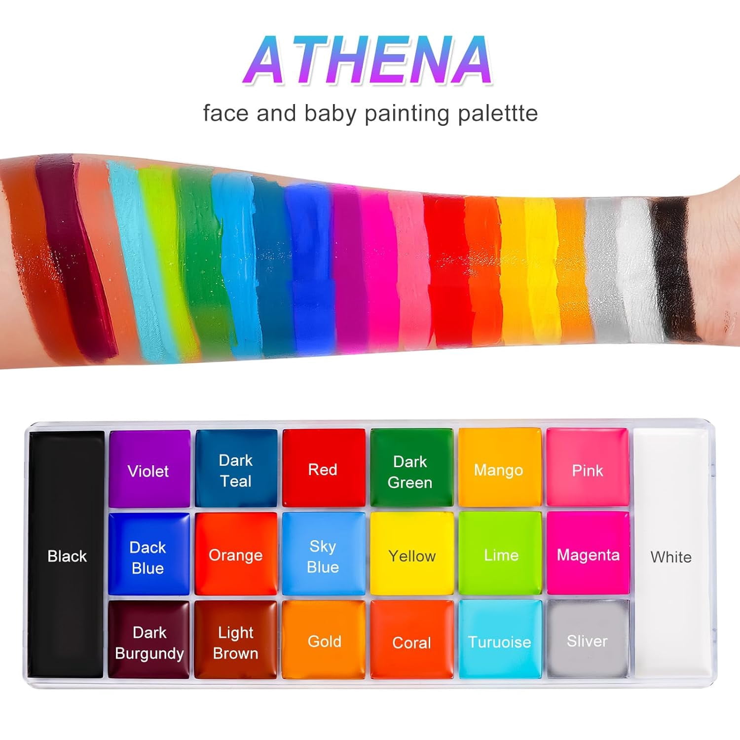 Wiher 20 Colors Face Body Paint Set-Athena Painting Palette,10 Professional Artist Brush,Large Deep Pan Ideal for Halloween Cosplay Party SFX Arty Stage Makeup