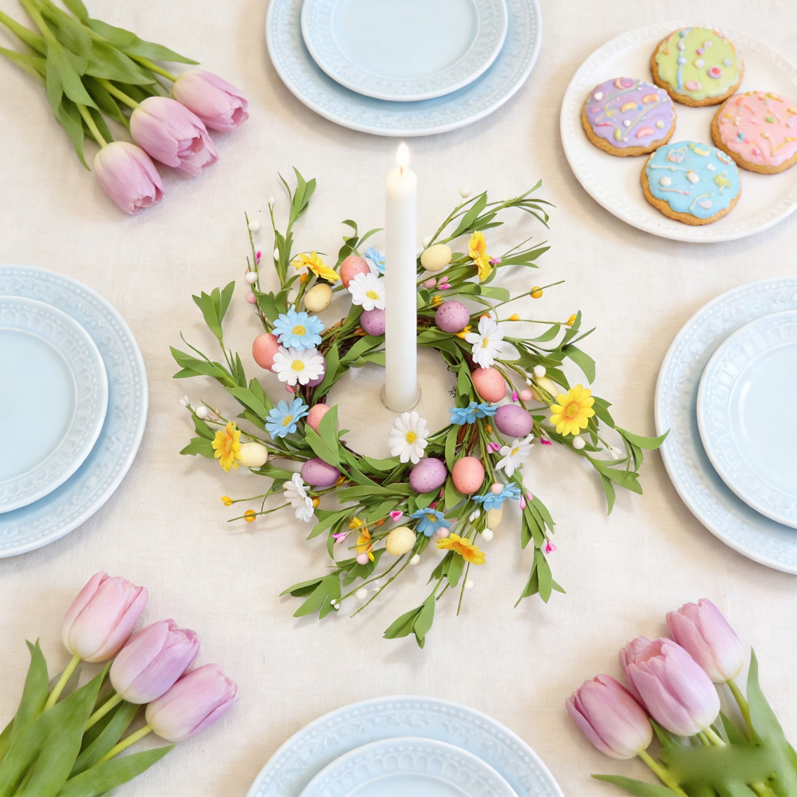 Yunuuuoa 3 Packs Easter Wreath Door Hanging Spring Candle Ring Centerpiece Decor, Floral Foam Berry Egg Tabletop Decoration for Home Party Wedding, Festive Indoor Outdoor Decorations