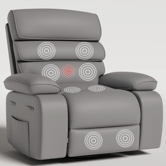 Techmilly Oversized Swivel Rocker  Recliner Chair with Heat and Massage, Adjustable Recline for Living Room,PU Leather (Light Grey 35" Seat Width)