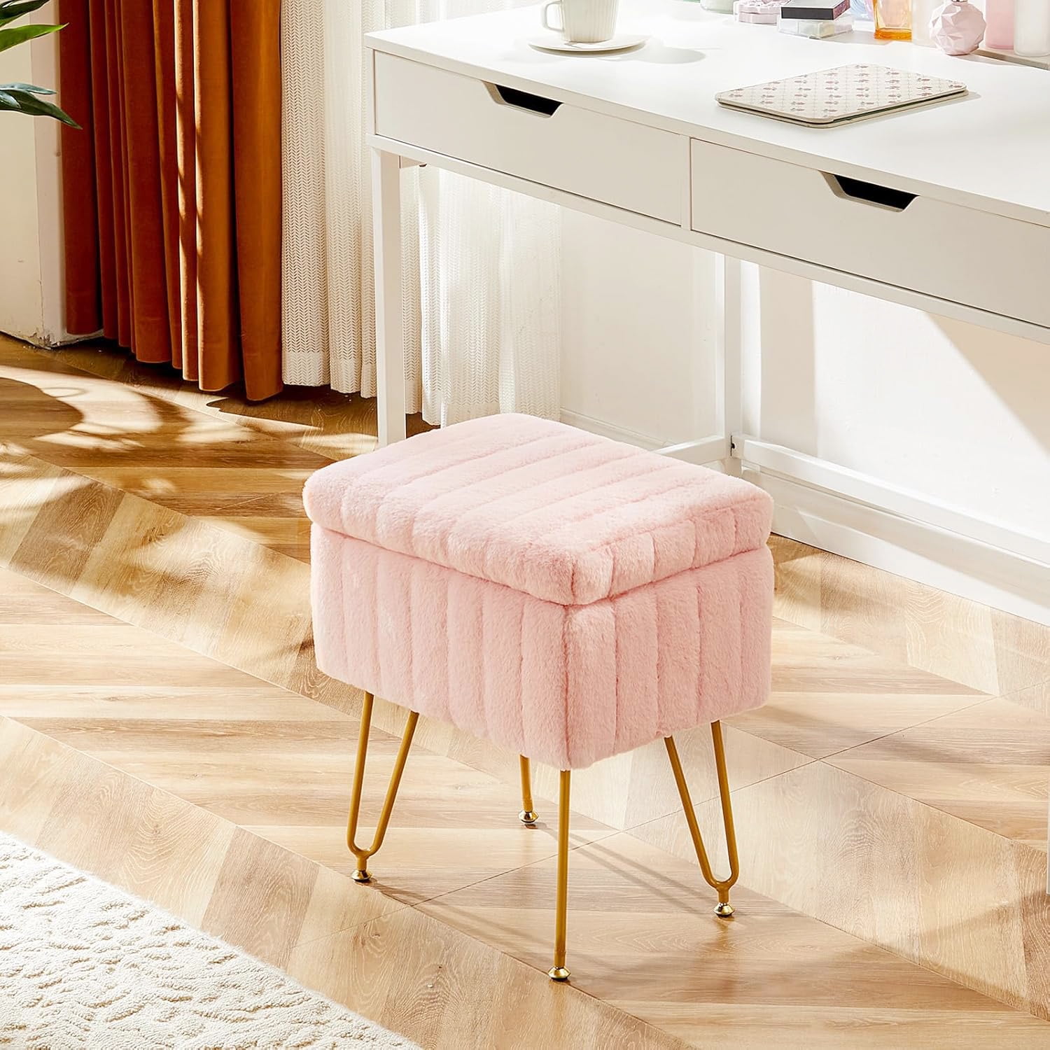 Parcus Faux Fur Vanity Stool with Storage, 16"L x 12.2"W x 18.9"H, Makeup Ottoman Chair with Padded Seat, 4 Metal Legs & Adjustable Anti-Slip Feet