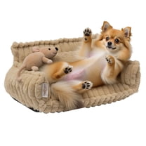 Paws & Purrs Grooved Pet Bed for Small to Medium Dogs or Cats, Soft Ribbed Corduroy-Style, Washable Cover, Non-Slip Base, Sofa Pet Lounger Includes Mini Play Cushion, Camel