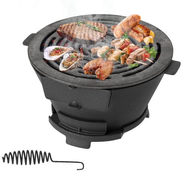 Costway Gril Hibachi Rond avec Grille Double Face de 12 Pouces, Porte de Régulation d'Air et Barrière à Feu