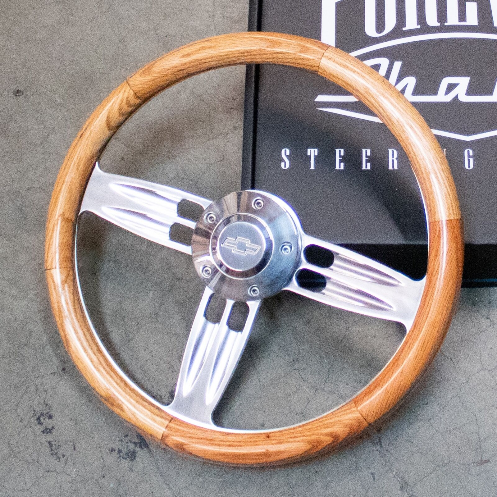14" Polished Light Oak Wooden Steering Wheel Chevy 5Hole Horn Button