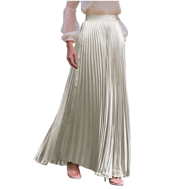 Elastic Waist Skirts for Women Solid Color Flared Ankle Length Casual Skirt Polyester Summer