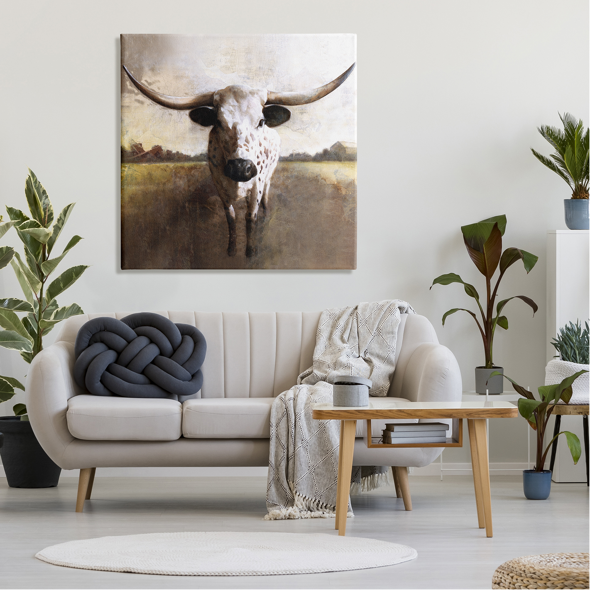 Striking Longhorn Cattle Warm Sunlight Farmland Grass Animals & Insects Painting Gallery-Wrapped Canvas Print Wall Art