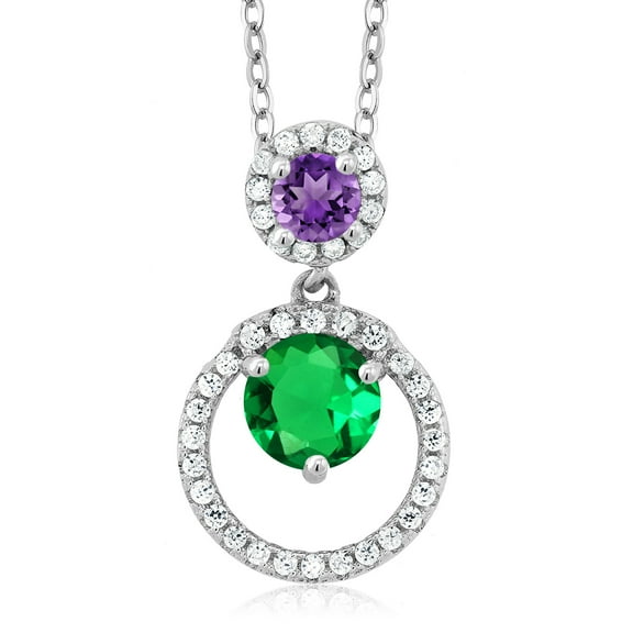 Gem Stone King 925 Sterling Silver Green Nano Emerald and Purple Amethyst Pendant Necklace for Women (1.62 Cttw, Gemstone May Birthstone, Round 6MM and 4MM)