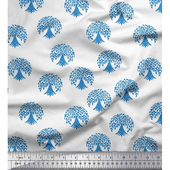 Soimoi Polyester Crepe Fabric Tree Block Print Sewing Fabric Yard 42 Inch Wide