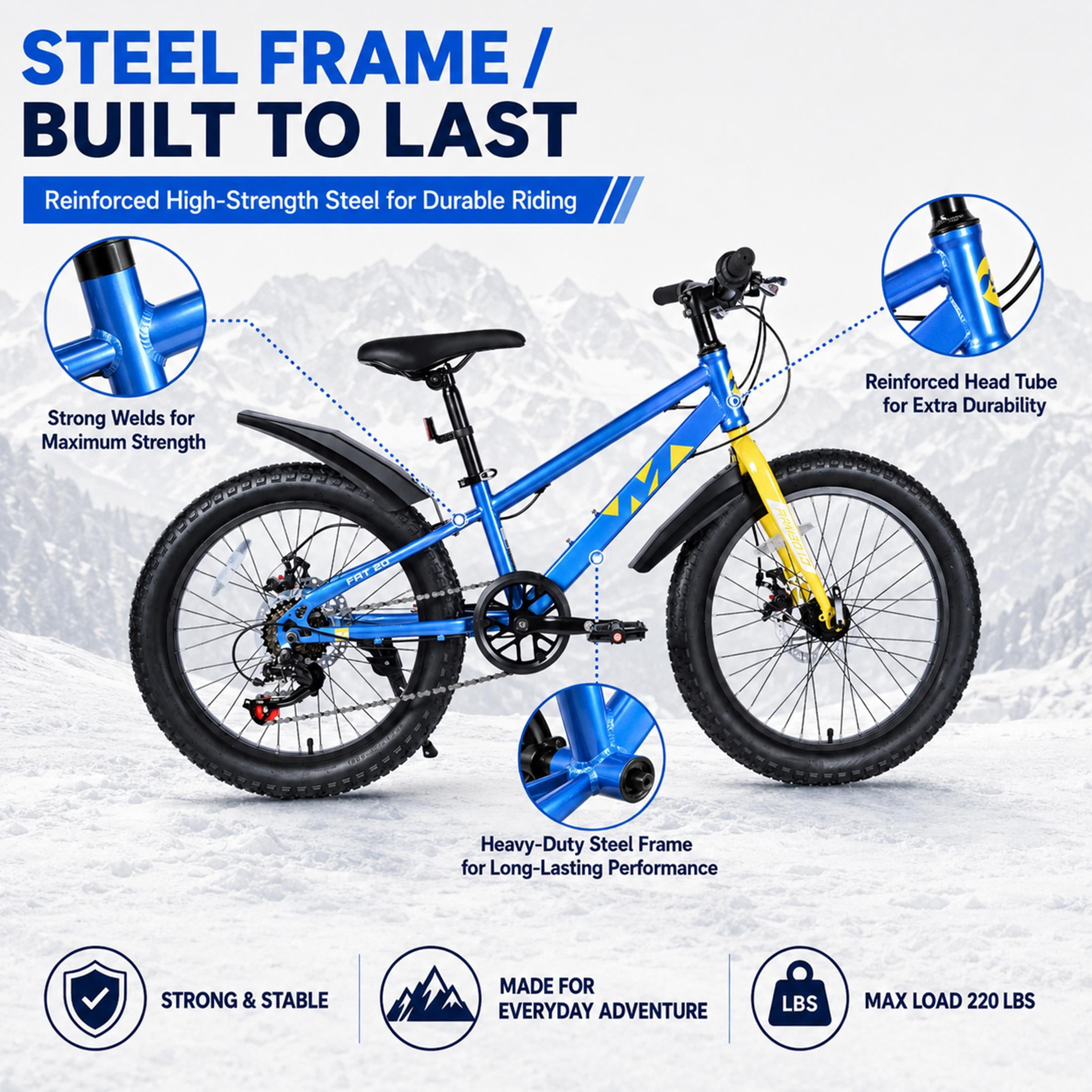20 Inch Kids Mountain Bike for Boys and Girls Ages 5-12, 7-Speed Fat Tire Bicycle with Dual Disc Brakes and Suspension Fork, Blue Children’s Outdoor Bike for Sand, Snow, and Trail Riding