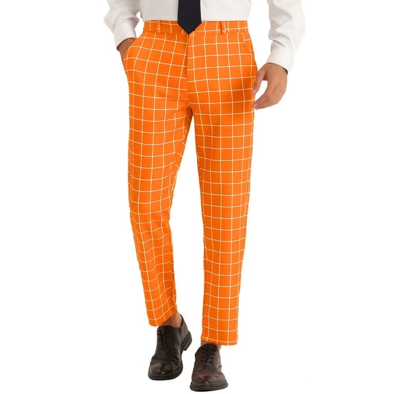 INSPIRE CHIC Plaid Pants for Men's Flat Front Colorful Printed Dress Trousers Orange 30