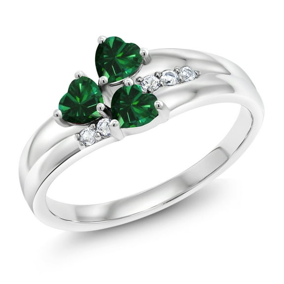 Gem Stone King 1.28 Cttw Green Nano Emerald and White Created Sapphire 3-Stone Ring for Women | 925 Sterling Silver | Heart Shape 4MM | Wedding Engagement Anniversary Promise Ring for Women | Size 7