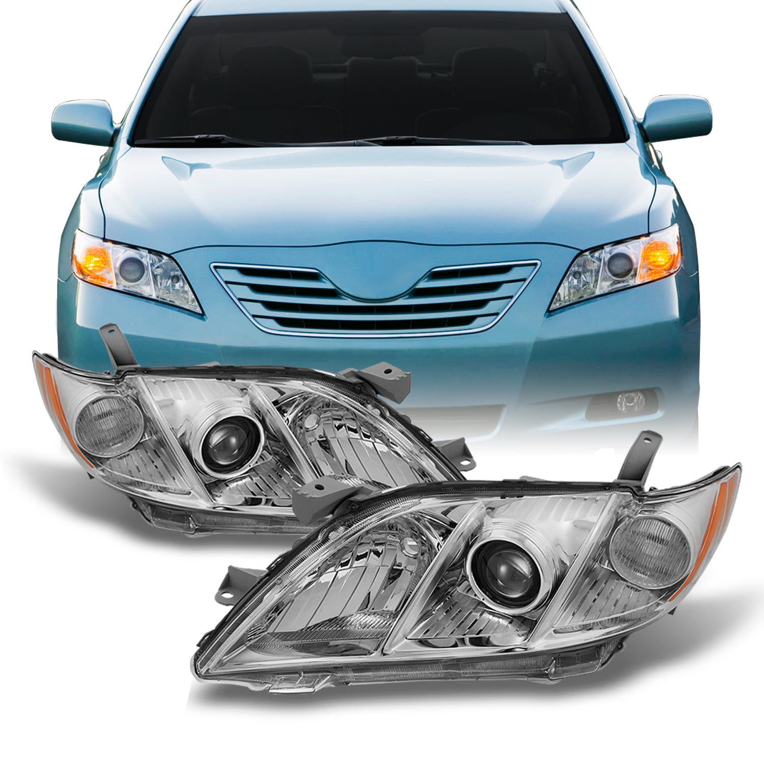 For 2007-2009 Toyota Camry Black Bezel Projector Headlights Front Lamps Replacement Left+Right Pair 