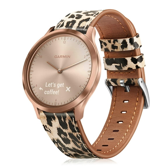 20mm Quick Release Genuine Leather Band Replacement Strap Wristband for Garmin Vivoactive 3/Garmin Venu Sq/Forerunner 245 Music/Forerunner 265 Music Smartwatch, Classic Leopard