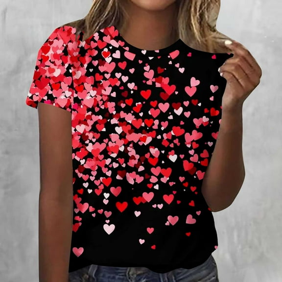 Avrnliq Womens Red Heart Print T-Shirt - Stretchy Soft 95% Polyester 5% Spandex, Loose Fit Crew Neck Short Sleeve Valentine's Day Casual Tee S-XXXL,Size 3XL