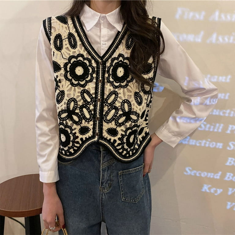 Women Retro Hollow Out Crochet Crop Top Vest Embroidery Floral Sleeveless  for Jacket Cardigan Button Boho Hippie Waistco