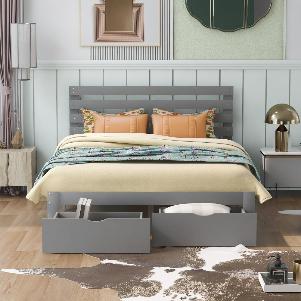 Queen Size Platform Bed with Drawer White
