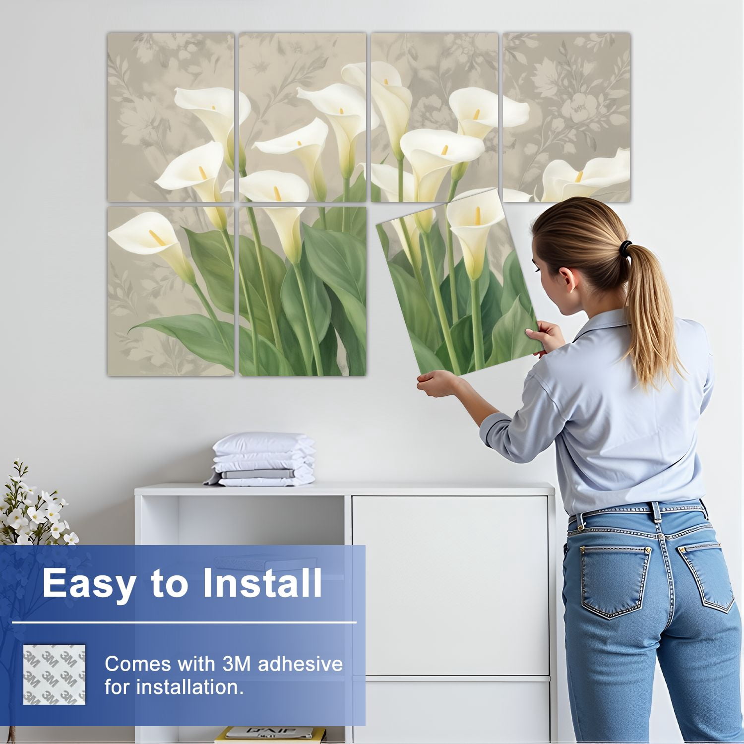 8 Pack Art Acoustic Panels Sound Absorbing Elegant White Calla Lilies Green Leaves Soft Botanical Decorative Soundproof Wall Panels Self Adhesive for Nursery Game Room Bedroom 48"x32"