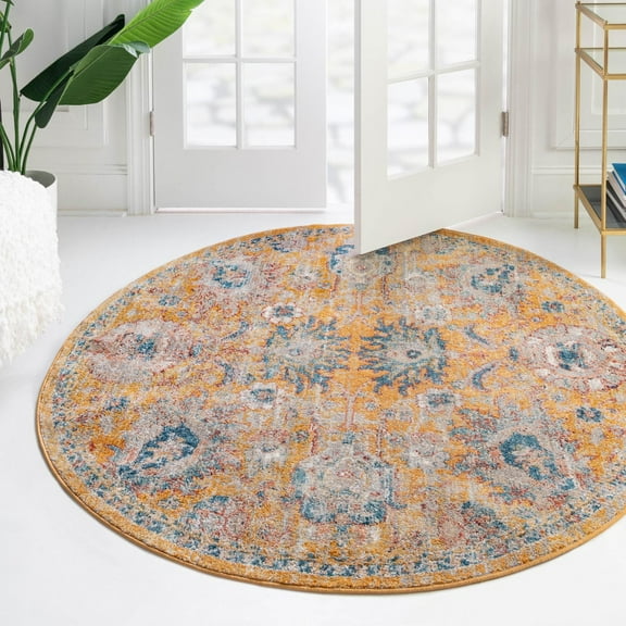 Unique Loom Lola Collection Area Rug - Classic (5' 2" Round Yellow/Light Blue)