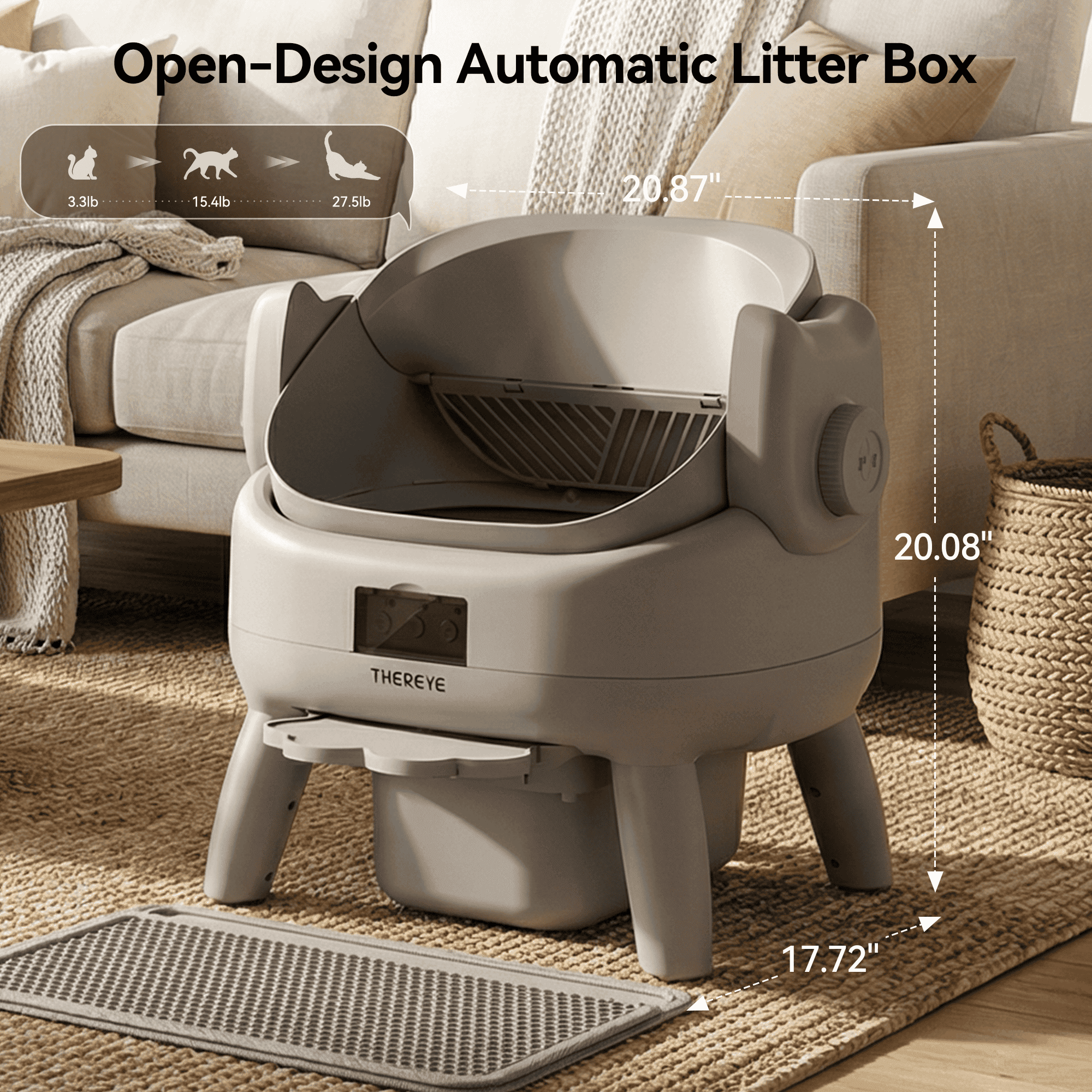 Osoeri Self-Cleaning Cat Litter Box,Open-Top Large Automatic Litter Box for Multiple Cats,App Control,Integrated Safety Protection,Odor-Free,with Trash Bags,Waterproof Mat and Litter Mat,Gray