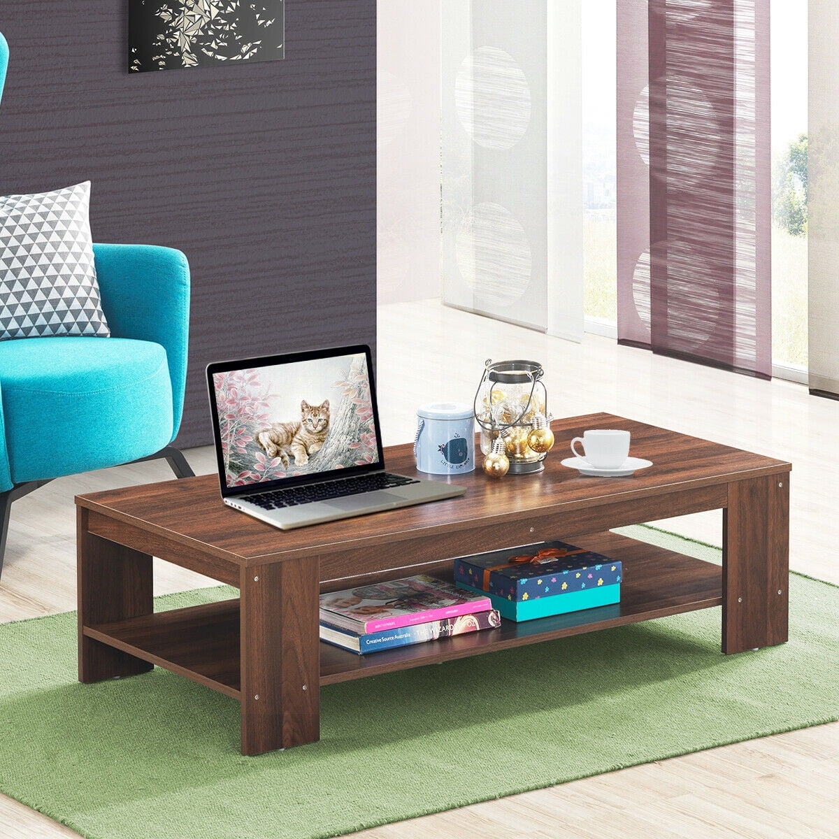 Gymax 47" Rectangular Coffee Table w/ Storage Shelf Living ...