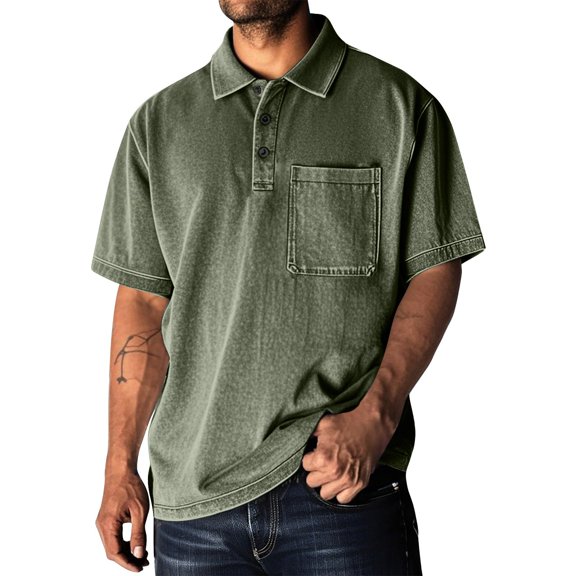 LTTVQM Men's Top Chest Pocket Washed Denim Style Polo Short Sleeve T-Shirt Soft Vacation Everyday Casual Blouses Army Green 3XL