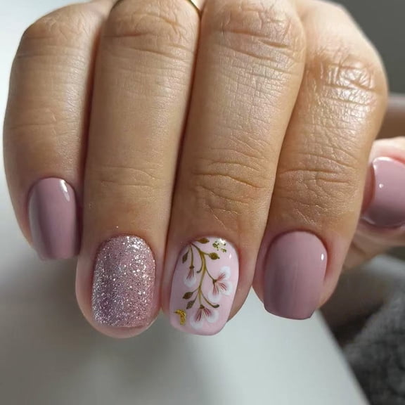 24 Pcs Flowers False Nails Simple Artificial Nails Glittering Full Covers on Nails Short Square Press On Nails