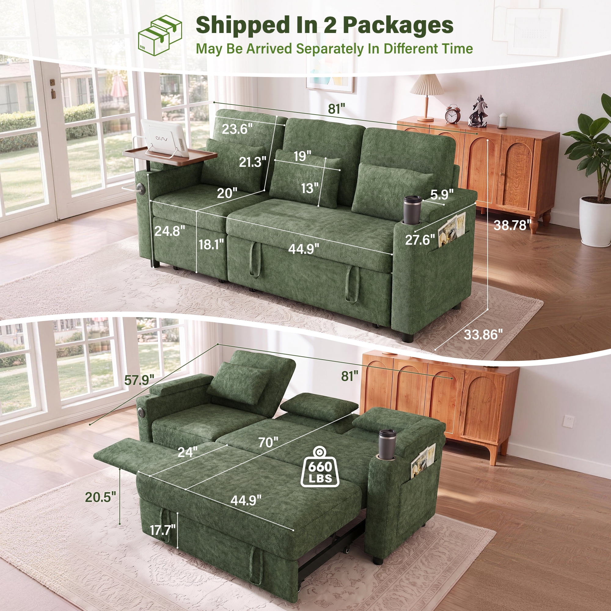 Aukfa 81" Convertible Sleeper Sofa,Chenille 3-in-1 Sofa Bed with Recliner,Center Table,USB Ports & Storage Armrests,Green